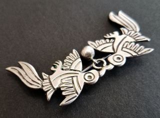 Vintage EARLY TAXCO 980 Silver Parrots Brooch/Pin With Bell Dangle/Drop Figural 6