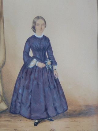 C.  1860 Antique Folk Art Watercolor Painting - Young Woman Holding A Rose