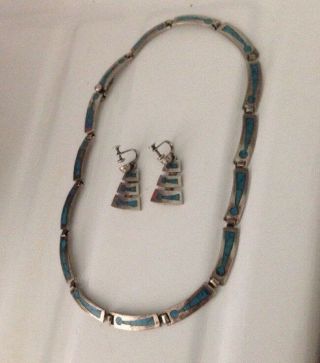 Vtg Turquoise Taxco Mexican Sterling Silver Set Necklace Earrings Signed Miguel 8