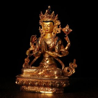 8 " Asian Antique Tibet Copper Gilt Shadakshari Avalokitesvara Statue