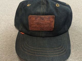 Vintage Levi Strauss Blue Denim Strap Back Hat Cap With Leather Patch