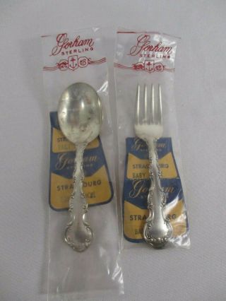 Vintage Gorham Strasbourg Sterling Silver Baby Spoon & Fork In Package