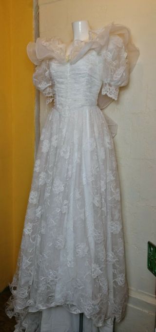 Vtg Matrimonia Paris Lace Huge Shoulder Ruffle Wedding Dress Uk 10
