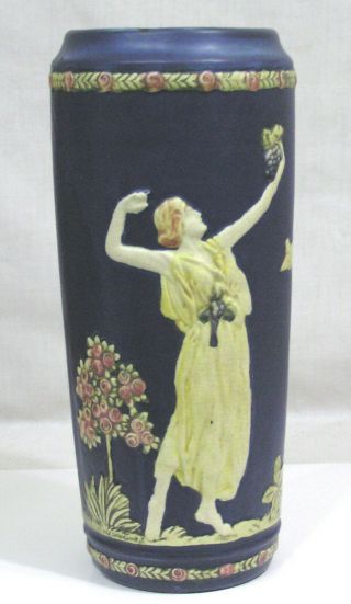 Vtg Weller Blue Ware Vase With Embossed Classical Women Figures 11 " 1920