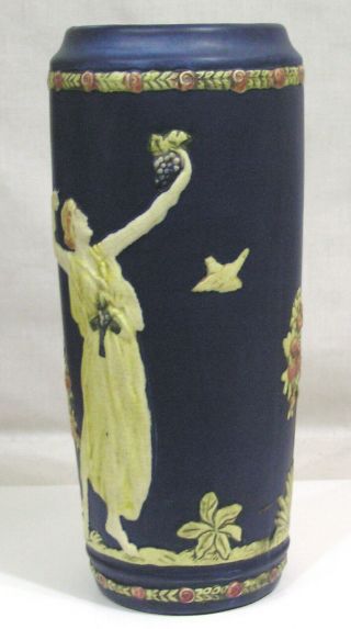 Vtg WELLER Blue Ware Vase with Embossed Classical Women Figures 11 