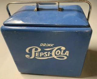 Pepsi Cooler Blue Embossed White Lettering Vintage With Tray