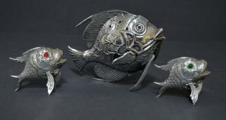 Three Unusual Fish Shaped Solid Silver Toothpick Holder Salt Pepper Shakers