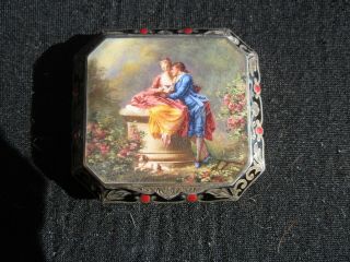 Antique Austrian Hand Painted Guilloche Enamel Sterling Powder Compact signed KF 12