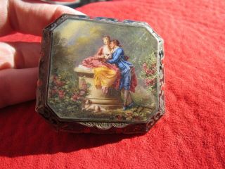 Antique Austrian Hand Painted Guilloche Enamel Sterling Powder Compact Signed Kf