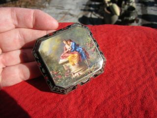 Antique Austrian Hand Painted Guilloche Enamel Sterling Powder Compact signed KF 3