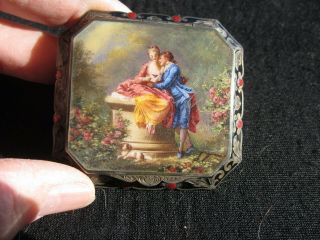 Antique Austrian Hand Painted Guilloche Enamel Sterling Powder Compact signed KF 4
