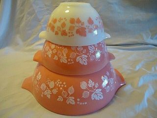 3 Vintage Pyrex 441,  442,  444 Pink Gooseberry Cinderella Mixing Bowls