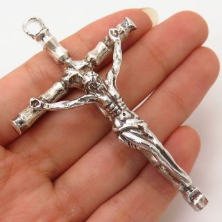 925 Sterling Silver Vintage Large Bamboo / Bone Design Crucifix Cross Pendant