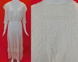 Edwardian Embroidered White Sheer Cotton Muslin Valenciennes Lace Tea Dress Vtg