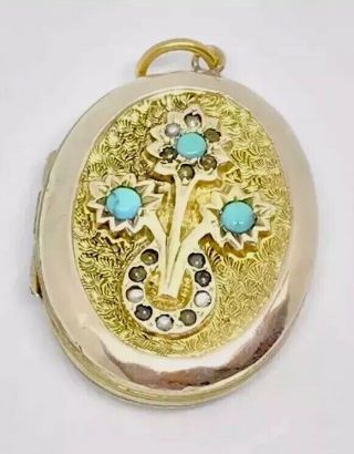 9ct Back & Front Oval Antique Double Locket,  Seed Pearls & Turquoise Stones