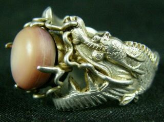 Fine Antique Chinese Sterling Silver Conch Pearl Good Luck Figural Dragon Ring