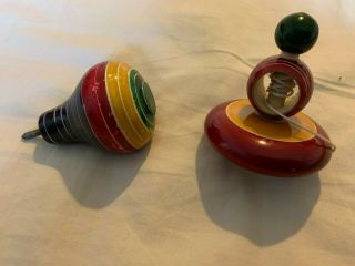 Two Multi Colored Spinning Top Indian Classic Wooden Toy
