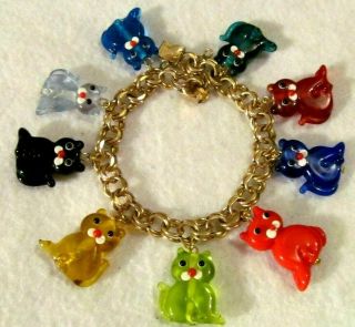 Rare Vintage 12k Gold Filled Lamp Work Multi - Color Art Glass Cat Charm Bracelet