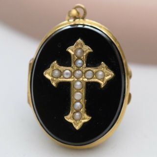 Antique Victorian Mourning Gold Filled Gf Natural Onyx Seed Pearl Cross Locket