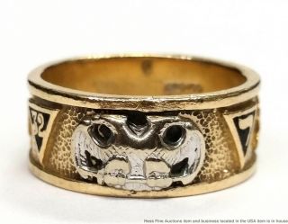 Solid Yellow White Gold Enamel Vintage Mens Masonic 32nd Degree Band Ring