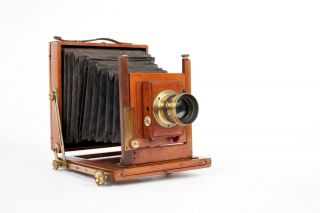 Vintage C1900 Mahogany & Brass 1/2 Plate Camera With Shutter & Lens