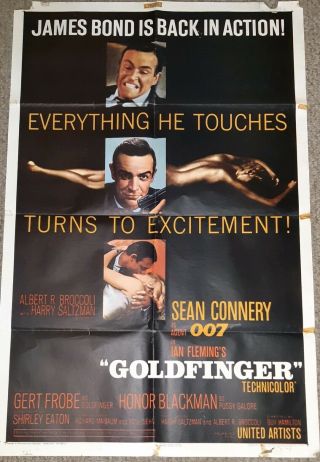 1964 Orginal United Artists James Bond Goldfinger Movie Poster 64/359 Rare L