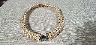 Nolan Miller Triple Row Of Pearls And Aquamarine Choker Necklace