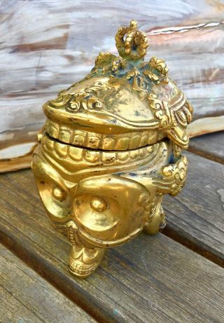 Antique Tibetan Gilded Heavy Bronze Incense Burner Skull Kapala Old Nepal