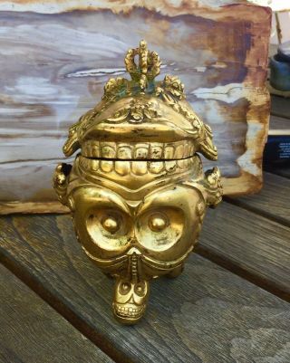 Antique Tibetan Gilded Heavy Bronze Incense Burner Skull KAPALA Old Nepal 2