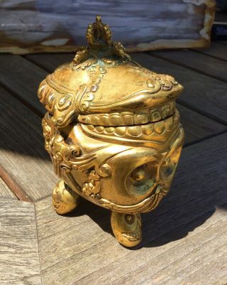 Antique Tibetan Gilded Heavy Bronze Incense Burner Skull KAPALA Old Nepal 3