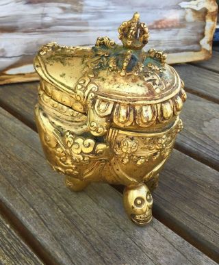 Antique Tibetan Gilded Heavy Bronze Incense Burner Skull KAPALA Old Nepal 4