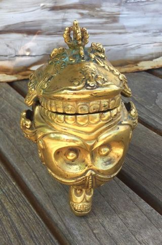 Antique Tibetan Gilded Heavy Bronze Incense Burner Skull KAPALA Old Nepal 6