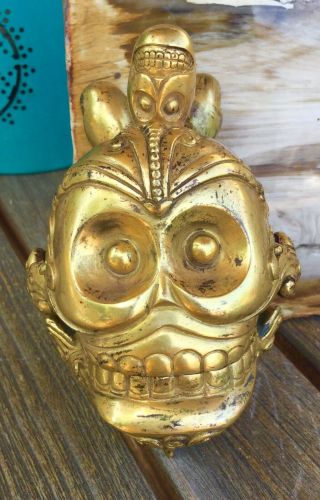 Antique Tibetan Gilded Heavy Bronze Incense Burner Skull KAPALA Old Nepal 8