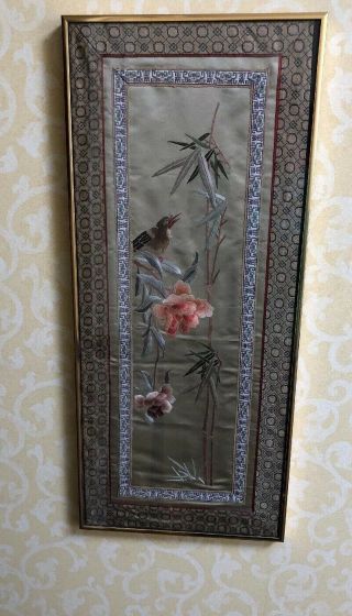 Beautifully Framed Hand Embroidered Chinese Silk Tapestry With Bird & Flowers
