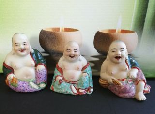 Antique Chinese Porcelain Happy Laughing Buddha Famille Rose Verte Bisque X 3