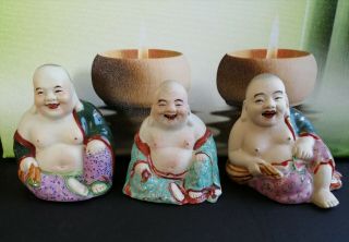 Antique Chinese Porcelain Happy Laughing Buddha Famille Rose Verte Bisque x 3 2