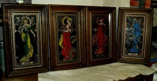 Vintage Alphonse Mucha Art Nouveau 4 Seasons 15x9 " Wood Framed Litho Mirror Set