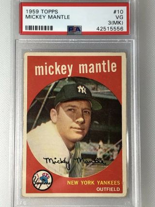 1959 Topps 10 - Mickey Mantle Psa 3 Vg (mk) Hof Vintage Baseball Card Yankees