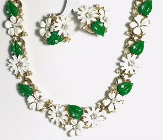 Fabulous Vintage Crown Trifari Enamel Rhinestone Flower Necklace Demi Set Wow