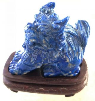 Vintage Chinese Lapis Lazuli Hand Carved Stone Figurine Foo Dog Lion Wood Base