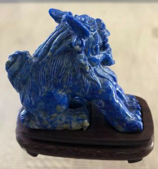 Vintage Chinese Lapis Lazuli Hand Carved Stone Figurine Foo Dog Lion Wood Base 2