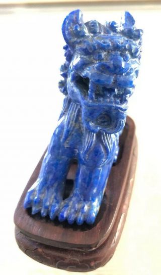 Vintage Chinese Lapis Lazuli Hand Carved Stone Figurine Foo Dog Lion Wood Base 3