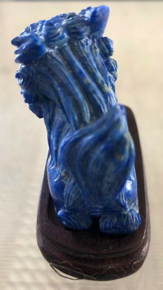 Vintage Chinese Lapis Lazuli Hand Carved Stone Figurine Foo Dog Lion Wood Base 4