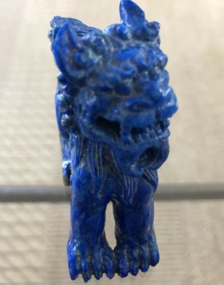 Vintage Chinese Lapis Lazuli Hand Carved Stone Figurine Foo Dog Lion Wood Base 5