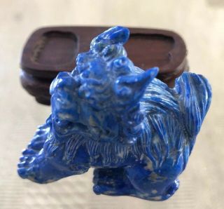 Vintage Chinese Lapis Lazuli Hand Carved Stone Figurine Foo Dog Lion Wood Base 6