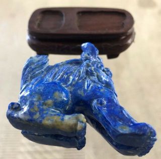 Vintage Chinese Lapis Lazuli Hand Carved Stone Figurine Foo Dog Lion Wood Base 7