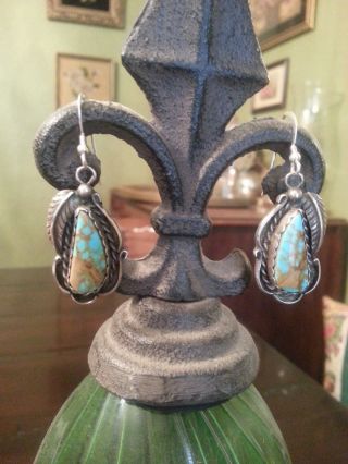 Gorgeous One Of A Kind Vintage Navajo Kingman Turquoise Sterling Earrings Signed