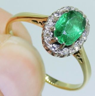 Vintage 18ct Yellow Gold Oval Cut Emerald Diamond Cluster Engagement Ring