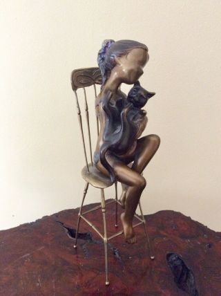 Rare Malcolm Moran Bronze Sculpture Girl In Chair With Cat Signed 1990