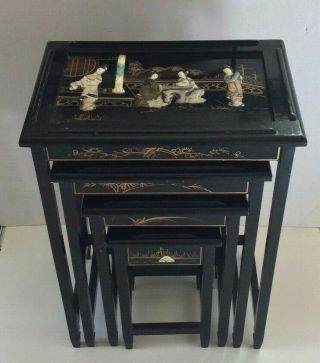 Antique Chinese Mop Abalone Shell Set Of Four Figural Nesting Tables